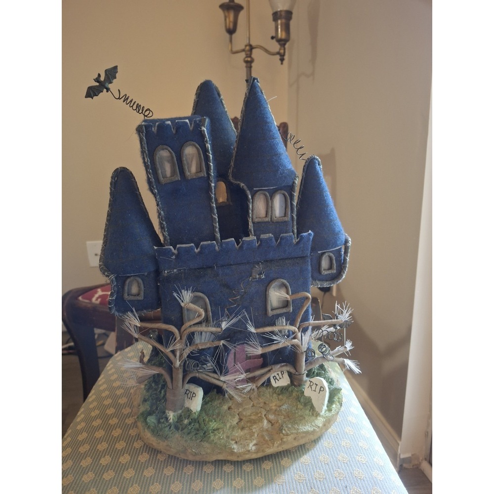 Vintage 2004 Halloween Light Up Fiber Optic Blue Castle Tabletop Spooky Decor